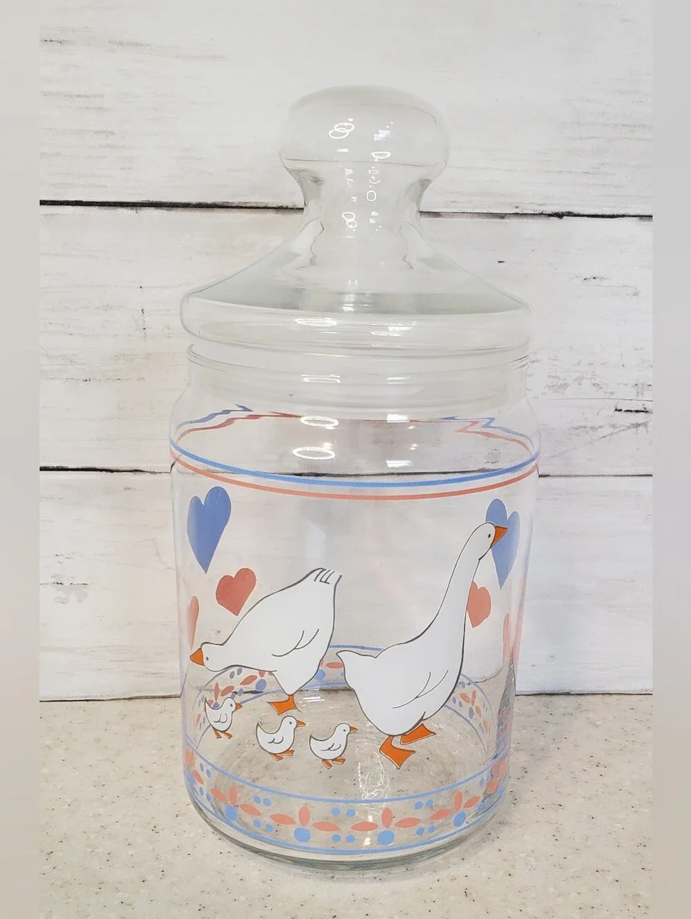 Vintage Luminarc Style Goose Hearts Glass Canister Jar w Lid Cottagecore 8x4